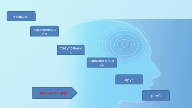 квадрат параллелограмм треугольник прямоугольник круг Закончить игру ромб 