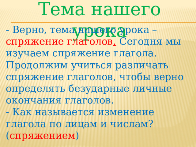 Тема нашего урока - Верно, тема нашего урока – спряжение глаголов .  Сегодня мы изучаем спряжение глагола. Продолжим учиться различать спряжение глаголов, чтобы верно определять безударные личные окончания глаголов. - Как называется изменение глагола по лицам и числам? ( спряжением ) ﻿ 