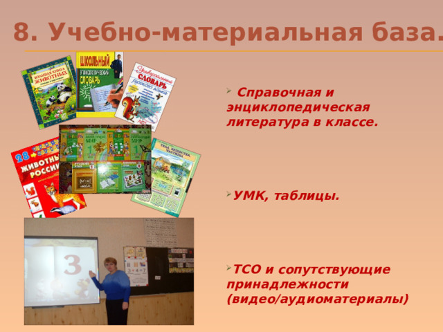 8. Учебно-материальная база.    Справочная и энциклопедическая литература в классе.     УМК, таблицы.     ТСО и сопутствующие принадлежности (видео/аудиоматериалы) 