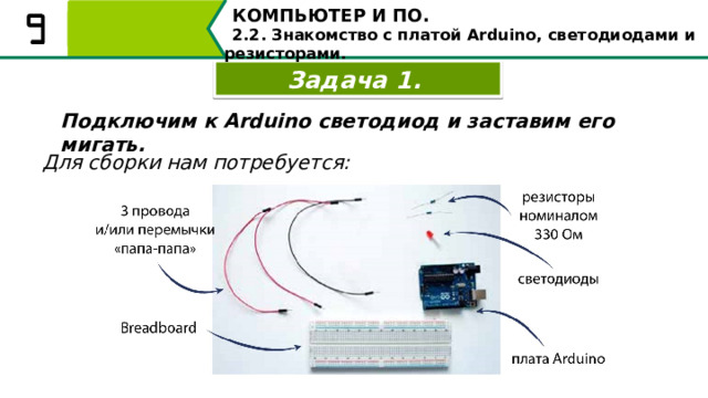 КОМПЬЮТЕР И ПО. 2.2. Знакомство с платой Arduino, светодиодами и резисторами. Задача 1. Подключим к Arduino светодиод и заставим его мигать. Для сборки нам потребуется: Вернёмся к нашей задаче. Для сборки нам потребуется: 39 