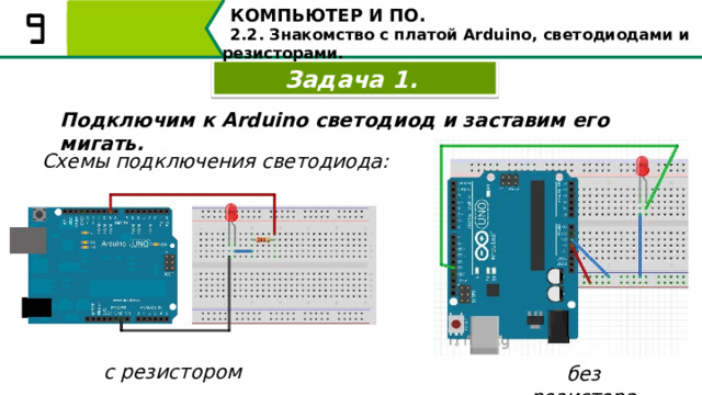КОМПЬЮТЕР И ПО. 2.2. Знакомство с платой Arduino, светодиодами и резисторами. Задача 1. Подключим к Arduino светодиод и заставим его мигать. Схемы подключения светодиода: Схемы подключения светодиода: с резистором и без резистора с резистором без резистора 40 