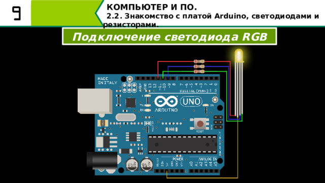 КОМПЬЮТЕР И ПО. 2.2. Знакомство с платой Arduino, светодиодами и резисторами. Подключение светодиода RGB Полученный нами в предыдущей задаче скетч (программа), можно использовать для работы данной схемы. Здесь вместо трёх светодиодов подключён один RGB-светодиод. Для подключения мы использовали контакты 9, 10, 11. Гореть наш светодиод будет красным, зелёным и синим цветом по указанному ранее алгоритму. 53 