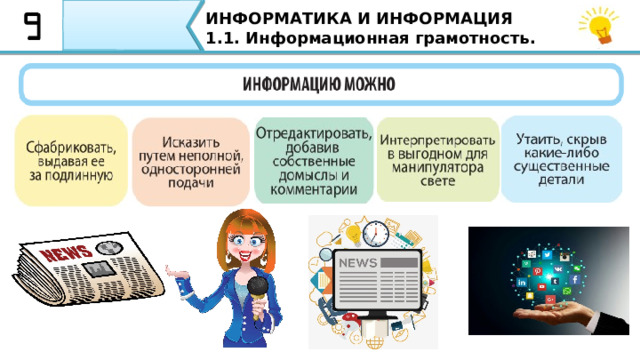 ИНФОРМАТИКА И ИНФОРМАЦИЯ 1.1. Информационная грамотность.  Принимая любую информацию необходимо задуматься:  насколько она полезна как она на нас влияет к чему ведет. Быть информационно грамотным означает, что принимая любую информацию необходимо задуматься насколько она полезна, как она на нас влияет и к чему ведет. 22 