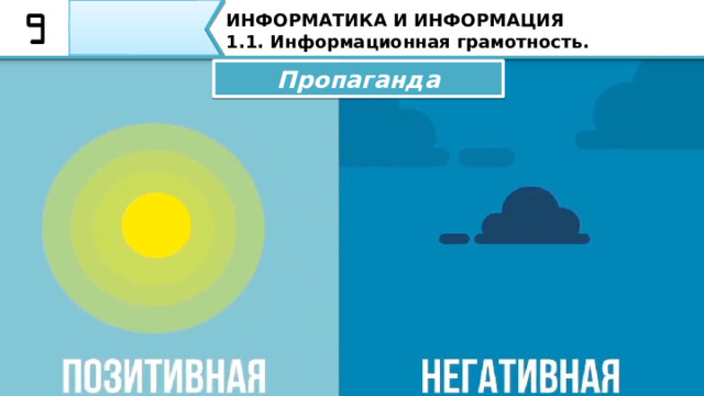 ИНФОРМАТИКА И ИНФОРМАЦИЯ 1.1. Информационная грамотность. Пропаганда Пропаганда существовала всегда, но значительный вес она обрела в 20 веке, когда во время войн некоторые литеры поняли значение газет и радио. Во времена Второй мировой войны пропаганда сыграла очень большую роль, ею пользовались почти все лидеры 40 