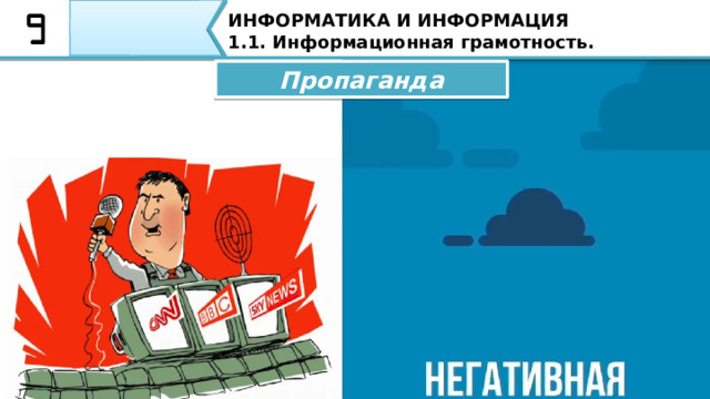 ИНФОРМАТИКА И ИНФОРМАЦИЯ 1.1. Информационная грамотность. Пропаганда Позитивная – используется для того, чтобы поднять национальное самосознание народа, для продвижения здорового питания, спорта и науки 42 
