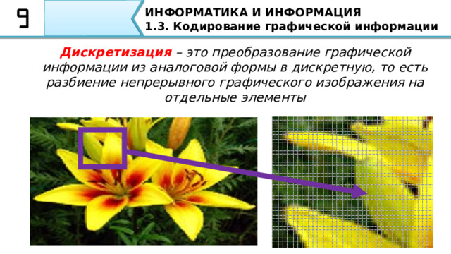 ИНФОРМАТИКА И ИНФОРМАЦИЯ 1.3. Кодирование графической информации Дискретизация  – это преобразование графической информации из аналоговой формы в дискретную, то есть разбиение непрерывного графического изображения на отдельные элементы Изображения из аналоговой формы в цифровую (дискретную) преобразуется путем дискретизации, напримерЮ путем сканирования. Дискретизация – это преобразование графической информации из аналоговой формы в дискретную, то есть разбиение непрерывного графического изображения на отдельные элементы . Ребята, давайте запишем данное определение в тетради. Дискретизация – это преобразование графической информации из аналоговой формы в дискретную, то есть разбиение непрерывного графического изображения на отдельные элементы  