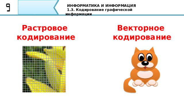 ИНФОРМАТИКА И ИНФОРМАЦИЯ 1.3. Кодирование графической информации Векторное  кодирование Растровое кодирование Как и все виды информации, изображения в компьютере закодированы в виде двоичных последовательностей. Используют два принципиально разных метода кодирования, каждый из которых имеет свои достоинства и недостатки. 29 