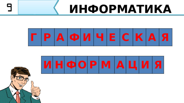 ИНФОРМАТИКА ИНФОРМАТИКА Г Р А Ф И Ч Е С К А Я И Н Ф О Р М А Ц И Я Я уверена, что все буквы привели в нужный порядок и у Вас получилось Графическая информация. Ребята, такие анаграммы Вы можете составлять самостоятельно и отгадывать вместе с членами вашей семьи для совершенствования своих знаний по предмету 4 
