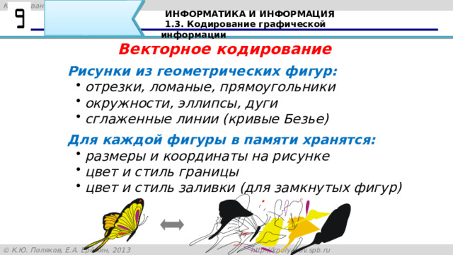 ИНФОРМАТИКА И ИНФОРМАЦИЯ 1.3. Кодирование графической информации Векторное кодирование Рисунки из геометрических фигур: отрезки, ломаные, прямоугольники окружности, эллипсы, дуги сглаженные линии (кривые Безье) отрезки, ломаные, прямоугольники окружности, эллипсы, дуги сглаженные линии (кривые Безье) Для каждой фигуры в памяти хранятся: размеры и координаты на рисунке цвет и стиль границы цвет и стиль заливки (для замкнутых фигур) размеры и координаты на рисунке цвет и стиль границы цвет и стиль заливки (для замкнутых фигур) Для чертежей, схем, карт применяется другой способ кодирования, который позволяет не терять качество при изменении размеров изображения. Рисунок хранится как набор простейших геометрических фигур (графических примитивов): линий, многоугольников, сглаженных кривых, окружностей, эллипсов. Такой рисунок называется векторным. 37 