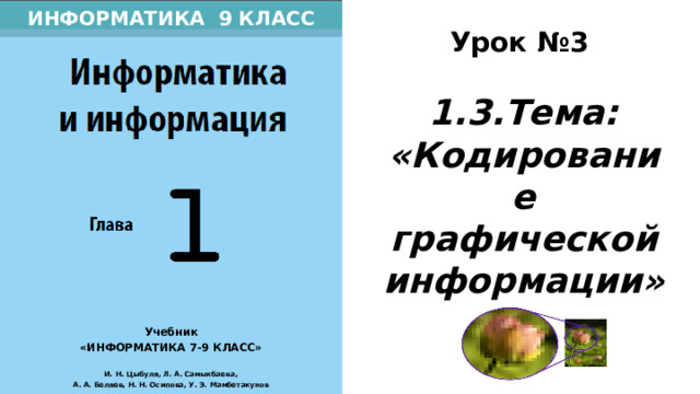 ИНФОРМАТИКА 9 КЛАСС Урок №3  1.3.Тема: «Кодирование графической информации» Учебник «ИНФОРМАТИКА 7-9 КЛАСС»  И. Н. Цыбуля, Л. А. Самыкбаева, А. А. Беляев, Н. Н. Осипова, У. Э. Мамбетакунов Тема нашего сегодняшнего урока «Кодирование графической информации». 4 
