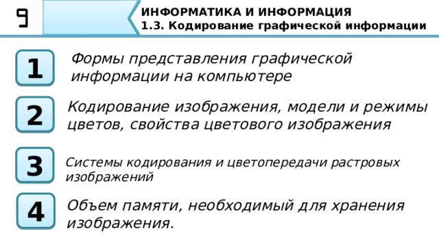 ИНФОРМАТИКА И ИНФОРМАЦИЯ 1.3. Кодирование графической информации Формы представления графической информации на компьютере 1 Кодирование изображения, модели и режимы цветов, свойства цветового изображения 2 3 Системы кодирования и цветопередачи растровых изображений Объем памяти, необходимый для хранения изображения. 4 Сегодня на уроке мы Познакомимся с формами представления графической информации на компьютере; Узнаете как кодируется изображение, познакомитесь с моделями и режимами цветов, свойствами которыми обладает цветовое изображение; также Узнаете о трех основных системах кодирования и цветопередачи растровых изображений; и Научитесь, как рассчитать объем памяти, необходимый для хранения изображения и как кодировать цвета.    4 