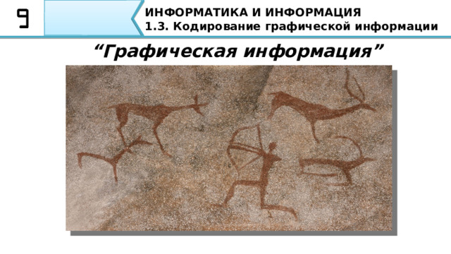 ИНФОРМАТИКА И ИНФОРМАЦИЯ 1.3. Кодирование графической информации “ Графическая информация” Рассмотрим примеры графической информации . Когда мы говорим о графической информации, мы представляем себе наскальные рисунки 4 