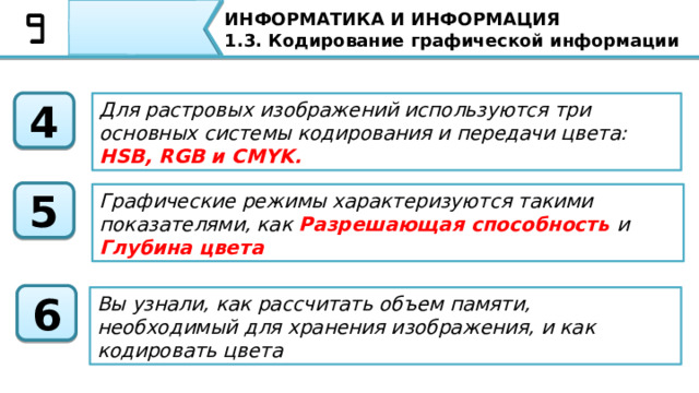 ИНФОРМАТИКА И ИНФОРМАЦИЯ 1.3. Кодирование графической информации 4 Для растровых изображений используются три основных системы кодирования и передачи цвета: HSB, RGB и CMYK. 5 Графические режимы характеризуются такими показателями, как Разрешающая способность и Глубина цвета 6 Вы узнали, как рассчитать объем памяти, необходимый для хранения изображения, и как кодировать цвета Для растровых изображений используются три основных системы кодирования и передачи цвета: HSB, RGB и CMYK. Графические режимы характеризуются такими показателями, как Разрешающая способность и Глубина цвета Вы узнали, как рассчитать объем памяти, необходимый для хранения изображения, и как кодировать цвета 87 