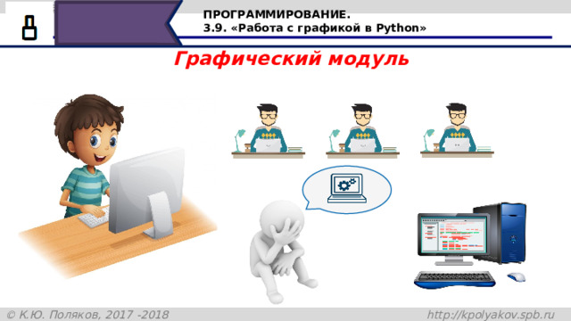 ПРОГРАММИРОВАНИЕ. 3.9. «Работа с графикой в Python» Графический модуль За время существования любого популярного языка, было написано много функций и классов, которые оказались востребованными многими программистами в разных областях. Включить весь этот код в сам язык если и возможно, то не целесообразно. Чтобы решить проблему доступа к различным возможностям языка в программировании стало общеизвестной практикой…. 16 