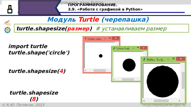 ПРОГРАММИРОВАНИЕ. 3.9. «Работа с графикой в Python» Модуль Turtle (черепашка) turtle.shapesize( размер )  # устанавливаем размер  import turtle turtle.shape('circle') turtle.shapesize( 4 ) turtle.shapesize( 8 ) После того как мы установили стиль модуля turtle, например круг, можно установить его размер, командой shapesize, а в скобочках указать размер в пикселях. 24 