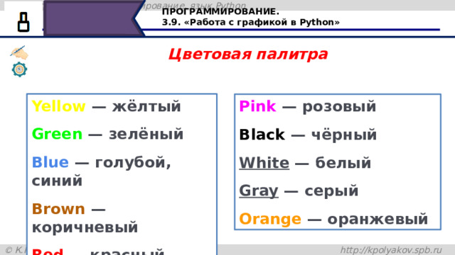 ПРОГРАММИРОВАНИЕ. 3.9. «Работа с графикой в Python» Цветовая палитра Yellow — жёлтый Green — зелёный Blue — голубой, синий Brown — коричневый Red — красный Pink — розовый Black — чёрный White — белый Gray — серый Orange — оранжевый Для того, чтобы задавать цвета, необходимо знать их названия на английском языке, например Yellow — жёлтый Green — зелёный Blue — голубой, синий Brown — коричневый Red — красный и т.д. 29 
