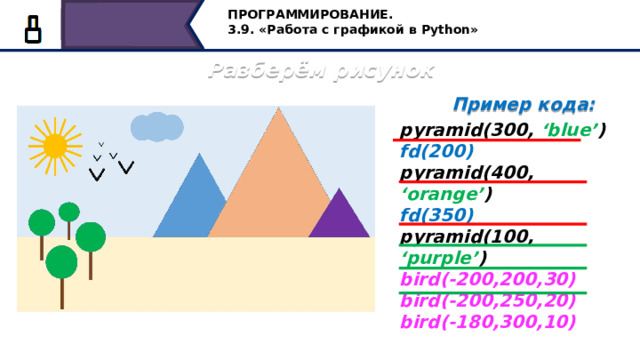 ПРОГРАММИРОВАНИЕ. 3.9. «Работа с графикой в Python» Разберём рисунок Пример кода:  pyramid(300, ‘blue’ ) fd(200) pyramid(400, ‘orange’ ) fd(350) pyramid(100, ‘purple’ ) bird(-200,200,30) bird(-200,250,20) bird(-180,300,10) Было бы неплохо, если бы наш код выглядел приблизительно вот так, то есть мы бы написали некоторые команды для построения пирамид, а в скобочках изменялись бы только параметры, команды для рисования птиц, где в скобках меняли только координаты и размеры. И т.д. Давайте научимся создавать подобные команды. 37 