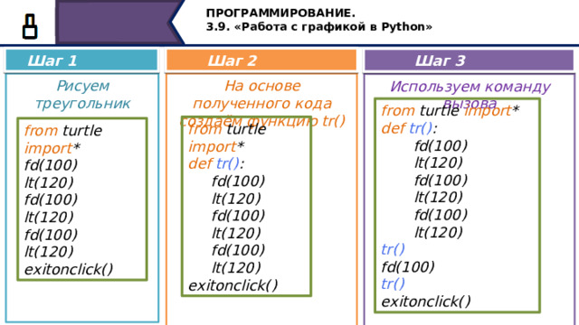 ПРОГРАММИРОВАНИЕ. 3.9. «Работа с графикой в Python» Шаг 1 Шаг 2 Шаг 3 Рисуем треугольник На основе полученного кода создаём функцию tr()                         Используем команду вызова              from turtle import * def  tr() :  fd(100)  lt(120)  fd(100)  lt(120)  fd(100)  lt(120) tr() fd(100) tr() exitonclick() from turtle import * def  tr() :  fd(100)  lt(120)  fd(100)  lt(120)  fd(100)  lt(120) exitonclick() from turtle import * fd(100) lt(120) fd(100) lt(120) fd(100) lt(120) exitonclick() Рассмотрим пошагово написание программы. Шаг 1. Напишем команды построения треугольника. Подробно мы их с вами рассмотрели на прошлом уроке. На втором шаге на основе полученного кода создаём функцию tr, производную от слова треугольник. Старайтесь давать имена функции понятные, отображающие их назначение. И затем, в программе вызываем функцию по имени, которое мы дали при создании функции. 40 