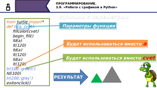 ПРОГРАММИРОВАНИЕ. 3.9. «Работа с графикой в Python» Функции с параметром from turtle import * def  tr(a, cvet) :  fillcolor(cvet)  begin_fill()  fd(a)  lt(120)  fd(a)  lt(120)  fd(a)  lt(120) tr(100,’green’) fd(100) tr(200,’grey’) exitonclick()  Параметры функции  Будет использоваться вместо а  Будет использоваться вместо cvet РЕЗУЛЬТАТ Но мы с вами можем создавать функции с параметрами, т.е. после имени функции, в скобочках можем указать различные значения, например размер и цвет. Это делается для того, чтобы в дальнейшем при вызове функции можно было менять эти параметры, не переписывая основной код функции. Рассмотрим пример подробнее. После объявления функции trв скобках укажем в качестве длины стороны треугольника некоторую переменную а , в качестве параметра цвета переменную cvet. Это будут параметры нашей функции, которую мы в программе можем менять. Тогда первом вызове функции вместо а подставим значение 100, а цвет зададим зелёный. При вызове во второй раз вместо параметра а задали величину, равную 200 и цвет серый. Результатом работы программы будут два треугольника зелёный со стороной 100 пикселей и серый со стороной 200 пикселей. 41 