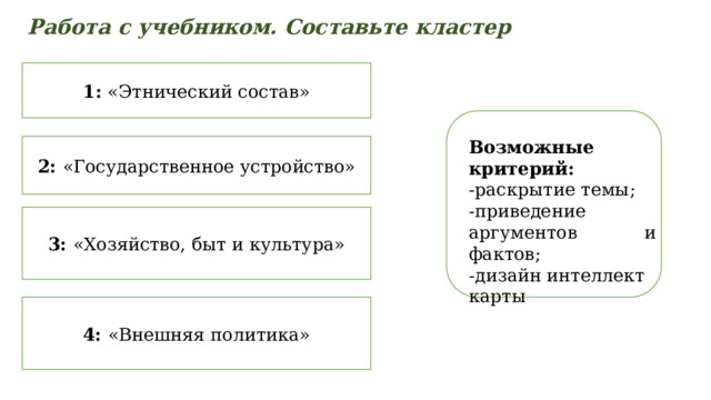 Работа с учебником. Составьте кластер 1: «Этнический состав» Возможные критерий: -раскрытие темы; -приведение аргументов и фактов; -дизайн интеллект карты 2: «Государственное устройство» 3: «Хозяйство, быт и культура» 4: «Внешняя политика» 