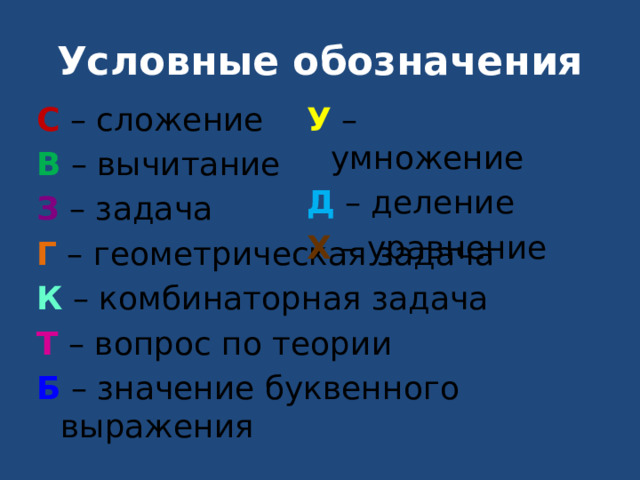 Условные обозначения У – умножение С – сложение Д – деление В – вычитание Х – уравнение З – задача Г – геометрическая задача К – комбинаторная задача Т – вопрос по теории Б – значение буквенного выражения