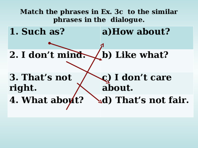 Match the phrases in Ex. 3c to the similar phrases in the dialogue. 1. Such as? How about? 2. I don’t mind. b) Like what? 3. That’s not right. c) I don’t care about. 4. What about? d) That’s not fair.