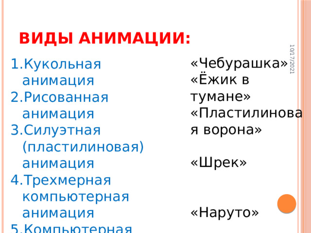 10/17/2021 Виды анимации: «Чебурашка» «Ёжик в тумане» «Пластилиновая ворона» «Шрек» «Наруто»