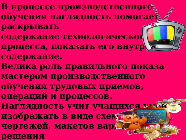 В процессе производственного обучения наглядность помогает раскрывать содержание технологического процесса, показать его внутреннее содержание. Велика роль правильного показа мастером производственного обучения трудовых приемов, операций и процессов. Наглядность учит учащихся умению изображать в виде схем, рисунков, чертежей, макетов варианты решения различных учебно- Производственных задач по производственному обучению. 