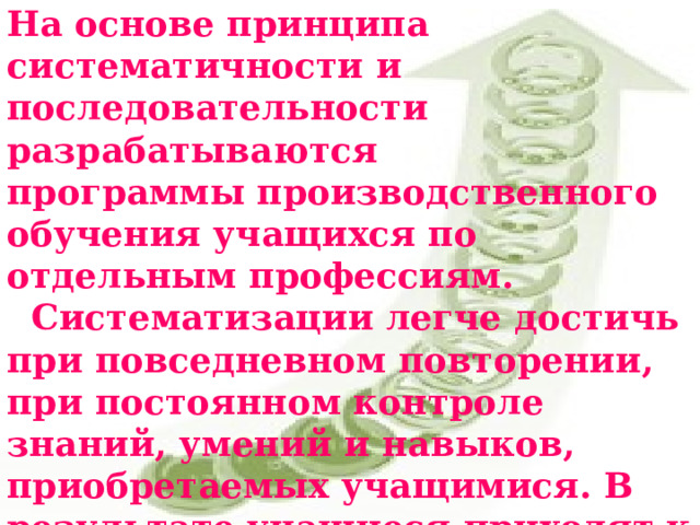На основе принципа систематичности и последовательности разрабатываются программы производственного обучения учащихся по отдельным профессиям.  Систематизации легче достичь при повседневном повторении, при постоянном контроле знаний, умений и навыков, приобретаемых учащимися. В результате учащиеся приходят к пониманию последовательной логической структуры преподаваемого предмета, в том числе и производственного обучения.  