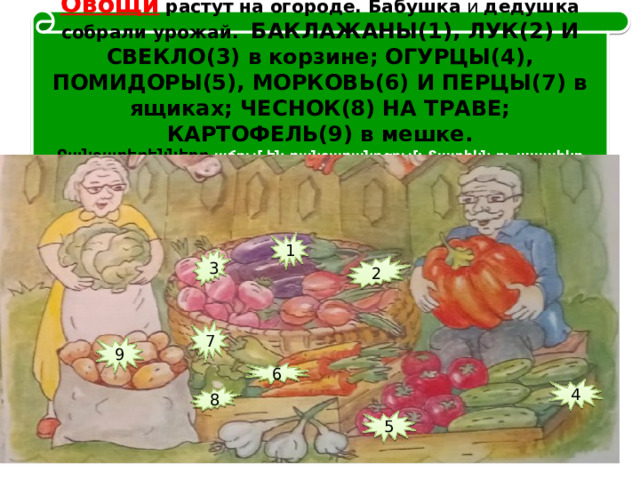  Овощи растут на огороде. Бабушка  и  дедушка собрали урожай. БАКЛАЖАНЫ(1), ЛУК(2) И СВЕКЛО(3) в корзине; ОГУРЦЫ(4), ПОМИДОРЫ(5), МОРКОВЬ(6) И ПЕРЦЫ(7) в ящиках; ЧЕСНОК(8) НА ТРАВЕ; КАРТОФЕЛЬ(9) в мешке.  Բանջարեղենները աճում են բանջարանոցում: Տատիկն ու պապիկը հավաքել են բերքը: Սմբուկը, սոխը, բազուկը զամբյուղի մեջ են, վարունգները,լոլիկը, գազարն ու պղպեղները՝ արկղներում, սխտորը՝ խոտորի վրա, կարտոֆիլը՝ պարկում: 1 3 2 7 9 6 4 8 5 