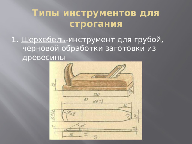 Типы инструментов для строгания 1. Шерхебель -инструмент для грубой, черновой обработки заготовки из древесины 