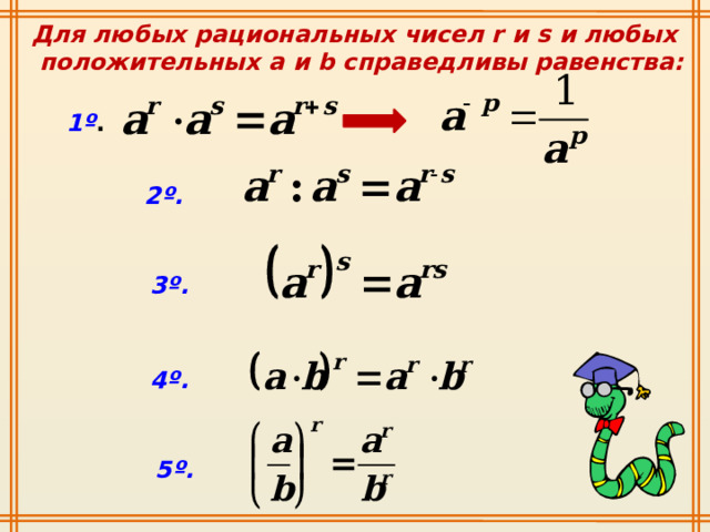  Для любых рациональных чисел r и s и любых положительных а и b справедливы равенства: 1º . 2º. 3º. 4º. 5º. 