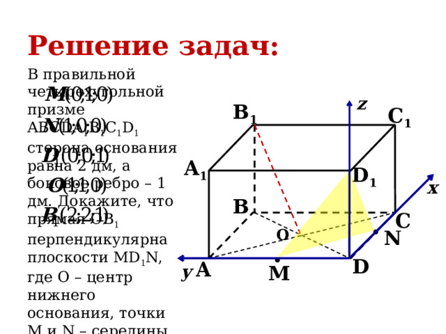 Решение задач: В правильной четырехугольной призме ABCDA 1 B 1 C 1 D 1 сторона основания равна 2 дм, а боковое ребро – 1 дм. Докажите, что прямая OB 1 перпендикулярна плоскости MD 1 N, где O – центр нижнего основания, точки M и N – середины ребер AD и CD соответственно. z B 1 C 1 A 1 D 1 x B C N O D A y M 