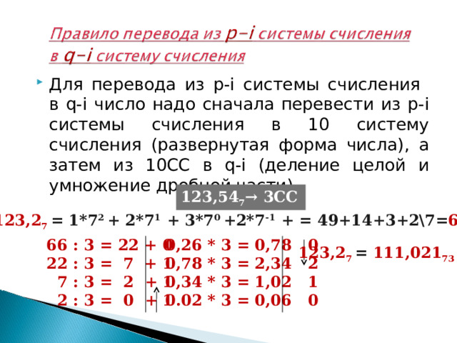 Для перевода из p-i системы счисления  в q-i число надо сначала перевести из p-i системы счисления в 10 систему счисления (развернутая форма числа), а затем из 10СС в q-i (деление целой и умножение дробной части) 123,54 7 → 3СС  123,2 7  = 1*7 2 + 2*7 1 + 3*7 0 +2*7 -1 + = 49+14+3+2\7= 66,29 10 66 : 3 = 22 + 0 22 : 3 = 7 + 1  7 : 3 = 2 + 1  2 : 3 = 0 + 1 0,26 * 3 = 0,78 0 0,78 * 3 = 2,34 2 0,34 * 3 = 1,02 1 0.02 * 3 = 0,06 0 123,2 7  = 111,021 73 