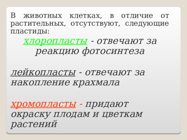 В животных клетках, в отличие от растительных, отсутствуют, следующие пластиды: хлоропласты  - отвечают за реакцию фотосинтеза  лейкопласты - отвечают за накопление крахмала  хромопласты - придают окраску плодам и цветкам растений 