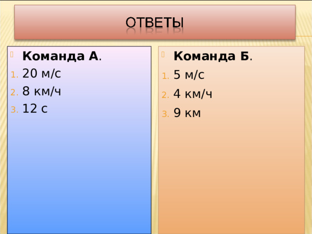 Команда А . Команда Б . 20 м/с 8 км/ч 5 м/с 4 км/ч 12 с 9 км