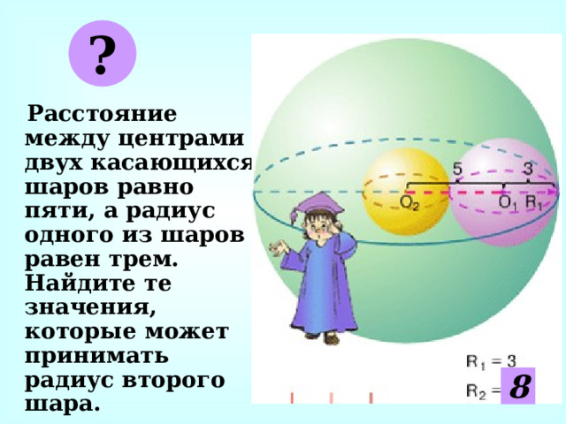 ?  Расстояние между центрами двух касающихся шаров равно пяти, а радиус одного из шаров равен трем. Найдите те значения, которые может принимать радиус второго шара. 2 8 