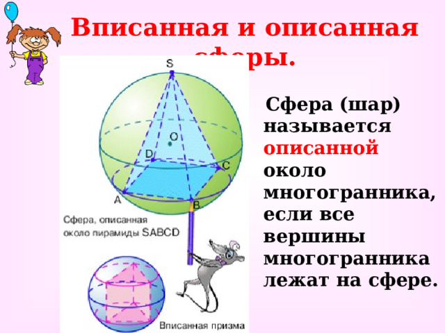 Вписанная и описанная сферы.  Сфера (шар) называется описанной около многогранника, если все вершины многогранника лежат на сфере. 