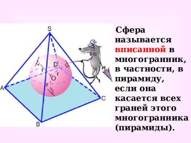  Сфера называется вписанной в многогранник, в частности, в пирамиду, если она касается всех граней этого многогранника (пирамиды). 