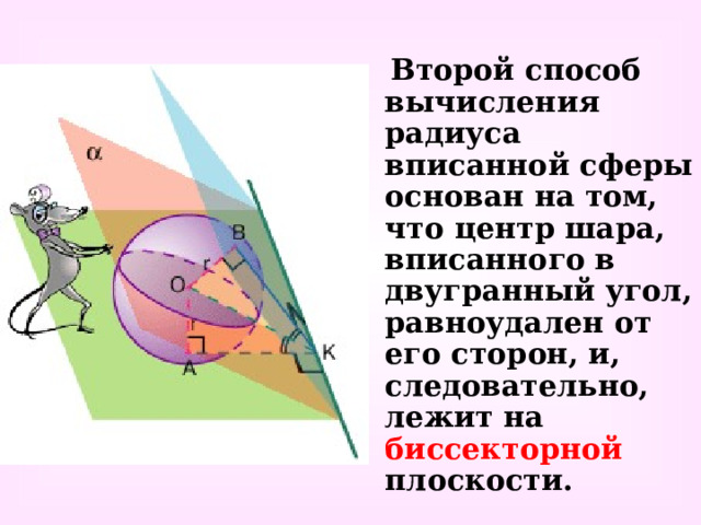  Второй способ вычисления радиуса вписанной сферы основан на том, что центр шара, вписанного в двугранный угол, равноудален от его сторон, и, следовательно, лежит на биссекторной плоскости. 