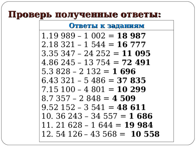 Проверь полученные ответы: Ответы к заданиям 19 989 – 1 002 = 18 987 18 321 – 1 544 = 16 777 35 347 – 24 252 = 11 095 86 245 – 13 754 = 72 491 3 828 – 2 132 = 1 696 43 321 – 5 486 = 37 835 15 100 – 4 801 = 10 299 7 357 – 2 848 = 4 509 52 152 – 3 541 = 48 611  36 243 – 34 557 = 1 686  21 628 – 1 644 = 19 984  54 126  – 43 568 = 10 558 