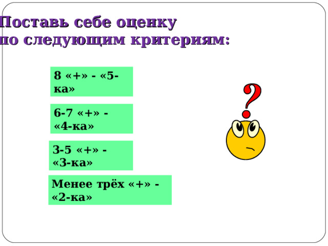 Поставь себе оценку по следующим критериям: 8 «+» - «5-ка» 6-7 «+» - «4-ка» 3-5 «+» - «3-ка» Менее трёх «+» - «2-ка» 