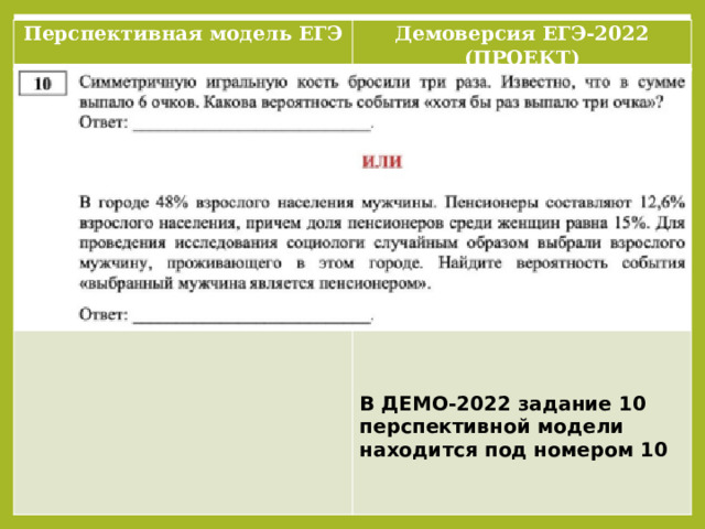 Перспективная модель ЕГЭ Демоверсия ЕГЭ-2022 (ПРОЕКТ)               В ДЕМО-2022 задание 10 перспективной модели находится под номером 10 