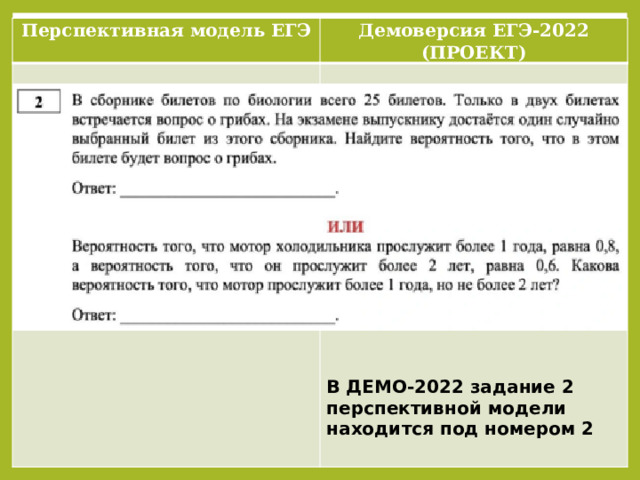 Перспективная модель ЕГЭ Демоверсия ЕГЭ-2022 (ПРОЕКТ)                В ДЕМО-2022 задание 2 перспективной модели находится под номером 2 