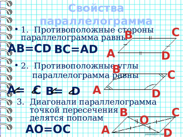 Свойства параллелограмма 1. Противоположные стороны параллелограмма равны 2. Противоположные углы  параллелограмма равны  3. Диагонали параллелограмма  точкой пересечения  делятся пополам С В AB=CD BC=AD А D В С A= C А B= D D С В O AO=OC BO=OD А D 