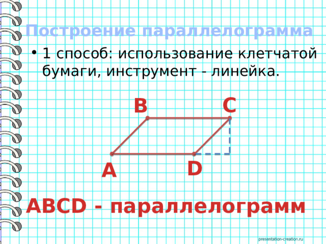 Построение параллелограмма 1 способ: использование клетчатой бумаги, инструмент - линейка. С В D А АBCD - параллелограмм 