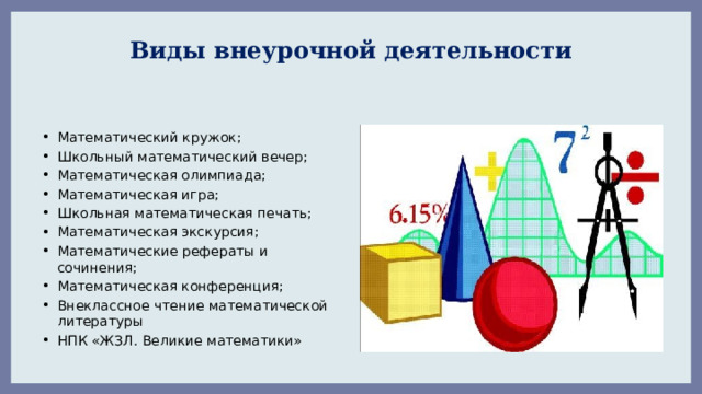 Виды внеурочной деятельности Математический кружок; Школьный математический вечер; Математическая олимпиада; Математическая игра; Школьная математическая печать; Математическая экскурсия; Математические рефераты и сочинения; Математическая конференция; Внеклассное чтение математической литературы НПК «ЖЗЛ. Великие математики» 