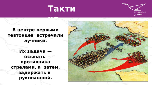 Т а к ти к а В  центре  первыми  тевтонцев  встречали  лучники . И х  з а д а ч а  —  о с ы п а т ь противника  стрелами ,  а  затем , задержать в  рукопашной . После  чего  атака  с  флангов .