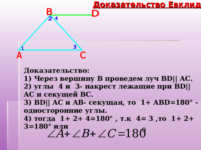 Доказательство Евклида Доказательство:   1) Через вершину B проведем луч BD|| AC.  2) углы 4 и  3- накрест лежащие при BD||AC и секущей BC.  3) BD|| AC и AB- секущая, то  1+ ABD=180° – односторонние углы.  4) тогда  1+ 2+ 4=180° , т.к  4= 3 ,то  1+ 2+ 3=180° или  