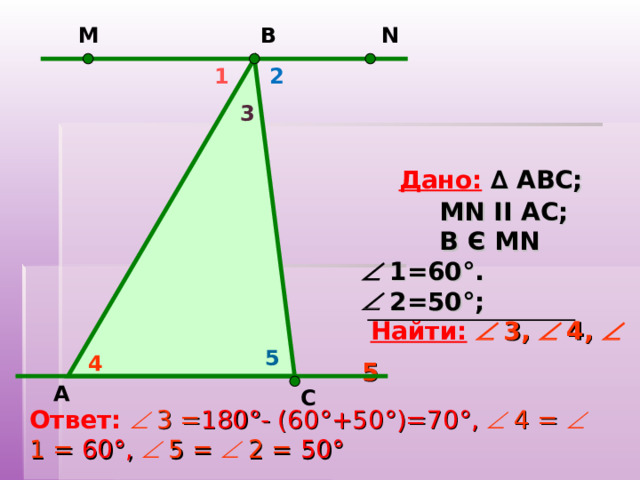 N В М       1 2 3  Дано: ∆ АВС;   MN  II  AC ;   В  Є  М N    1=60 ° .   2=50 ° ;   Найти:   3,  4,  5     5 4   А С Ответ:   3 = 180 ° - (60 ° +50 ° )=70 ° ,  4 =   1 = 60 ° ,   5 =   2 = 50 °   